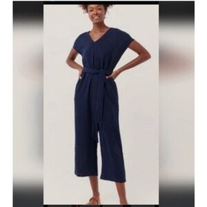 Pact Costal Collection Organic Cotton Double Gauze Tie Waist Cropped Jumpsuit